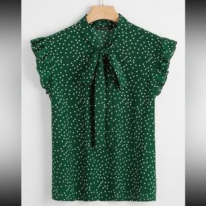 Plus Ruffle Trim Tie Neck Polka Dot Top